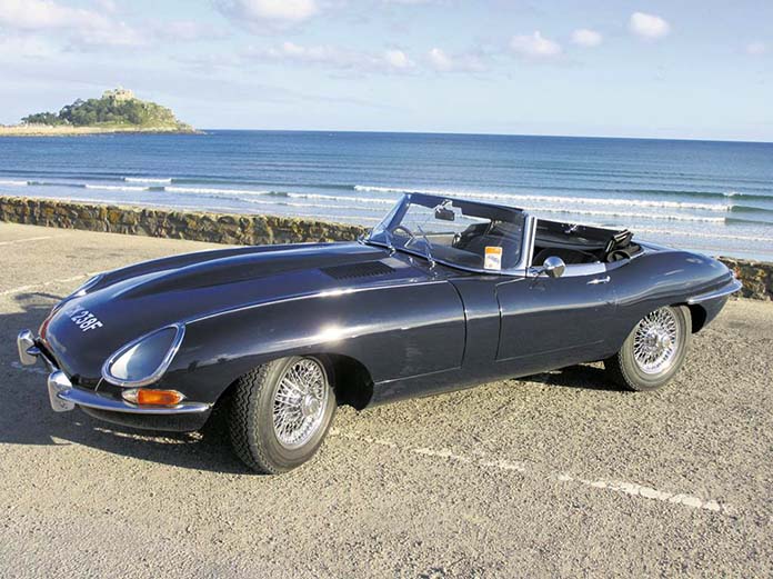 The Jaguar E-Type on the coast in Cornwall.
