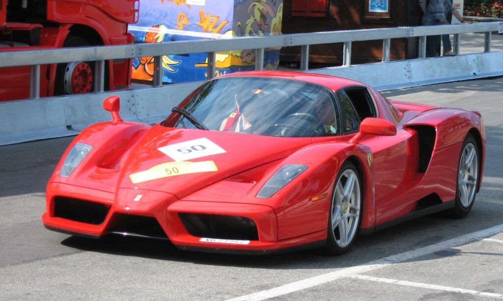 The brutal looking Ferrari Enzo in action on track.