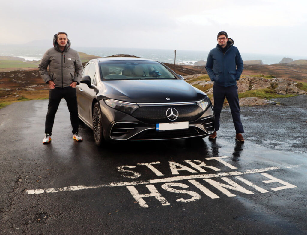 The AA’s Paddy Comyn and Blake Boland at Malin Head in Donegal. The Mercedes-Benz EQS 450+ they were driving completed the Mizen Head to Malin Head drive on one full battery, without stopping to charge.