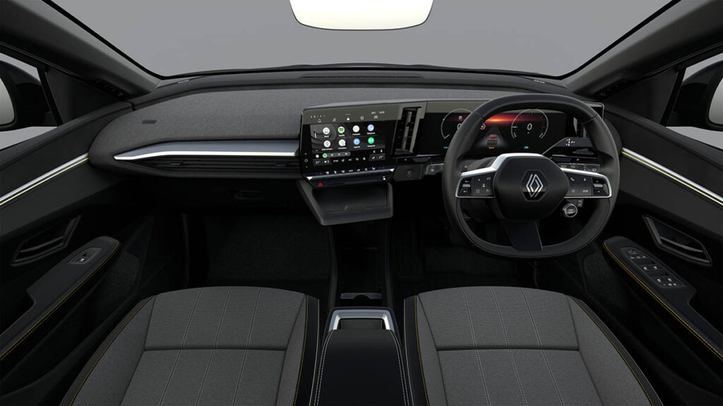 The interior of the Mégane E-Tech with its Android-powered screen. Wireless Apple CarPlay is available too.